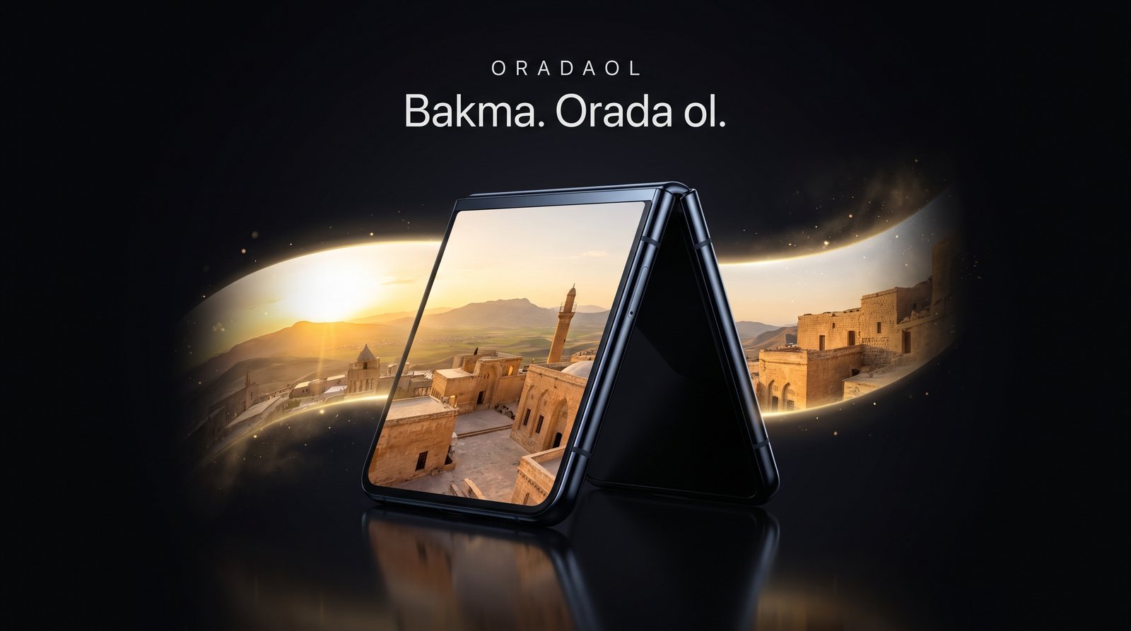 Yarı açık duran katlanabilir telefon; ekranından çıkıp arkasına uzanan gün batımı panoraması.