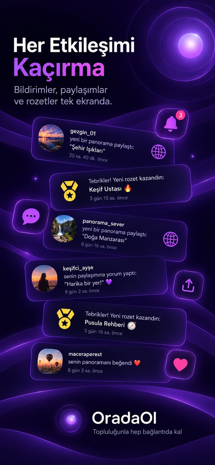 OradaOl bildirimler ekranı — beğeni ve yorumlar