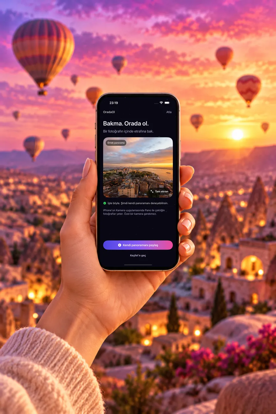 Kapadokya'da gün batımı; elde tutulan iPhone'da OradaOl'un gerçek ilk kullanım ekranı