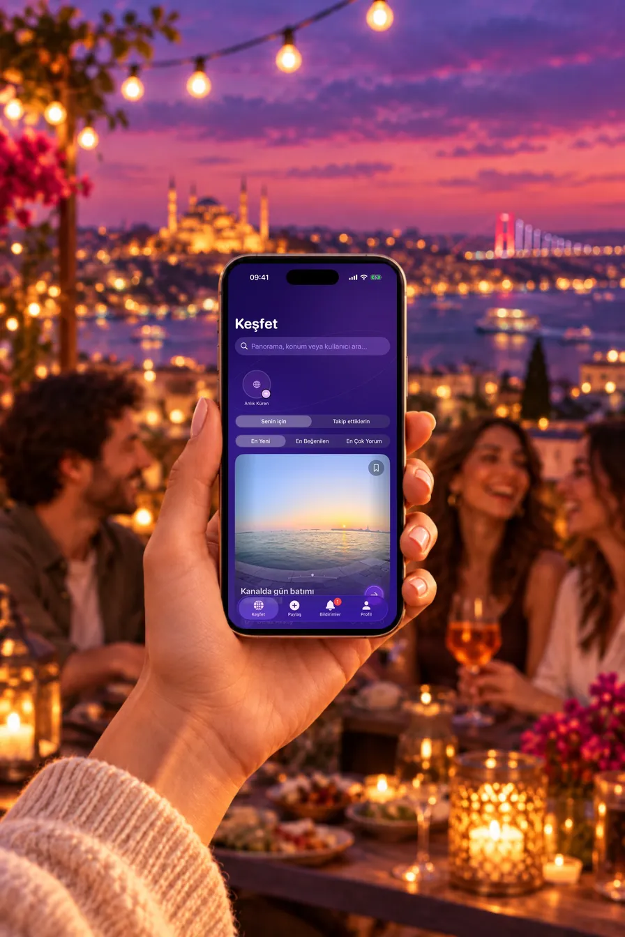 İstanbul'da bir çatı terasında arkadaşlar; elde tutulan iPhone'da OradaOl'un gerçek Keşfet ekranı