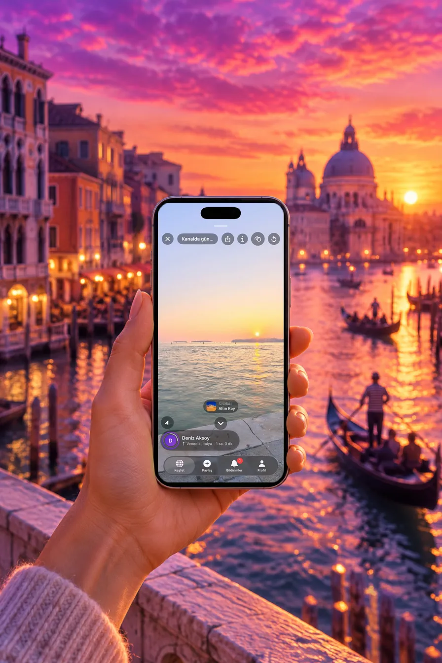 Venedik'te gün batımı; elde tutulan iPhone'da OradaOl'un gerçek panorama görüntüleyicisi