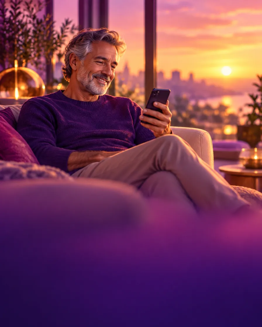 Altın saatte salonunda telefonuna bakıp gülümseyen bir adam