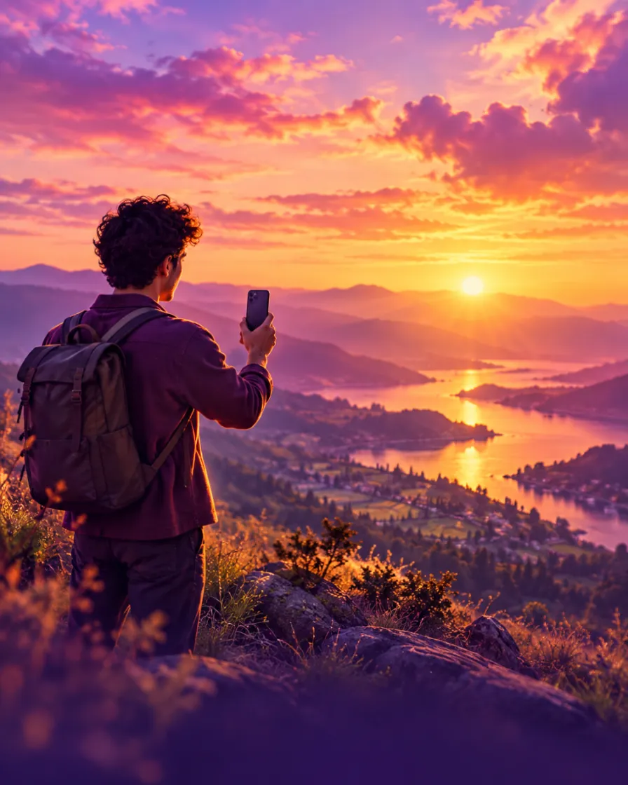 Gün batımında tepede telefonuyla panorama çeken genç bir adam
