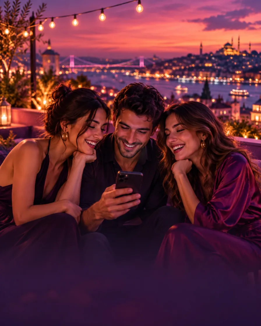 Akşam terasta tek telefona birlikte bakıp gülen üç arkadaş