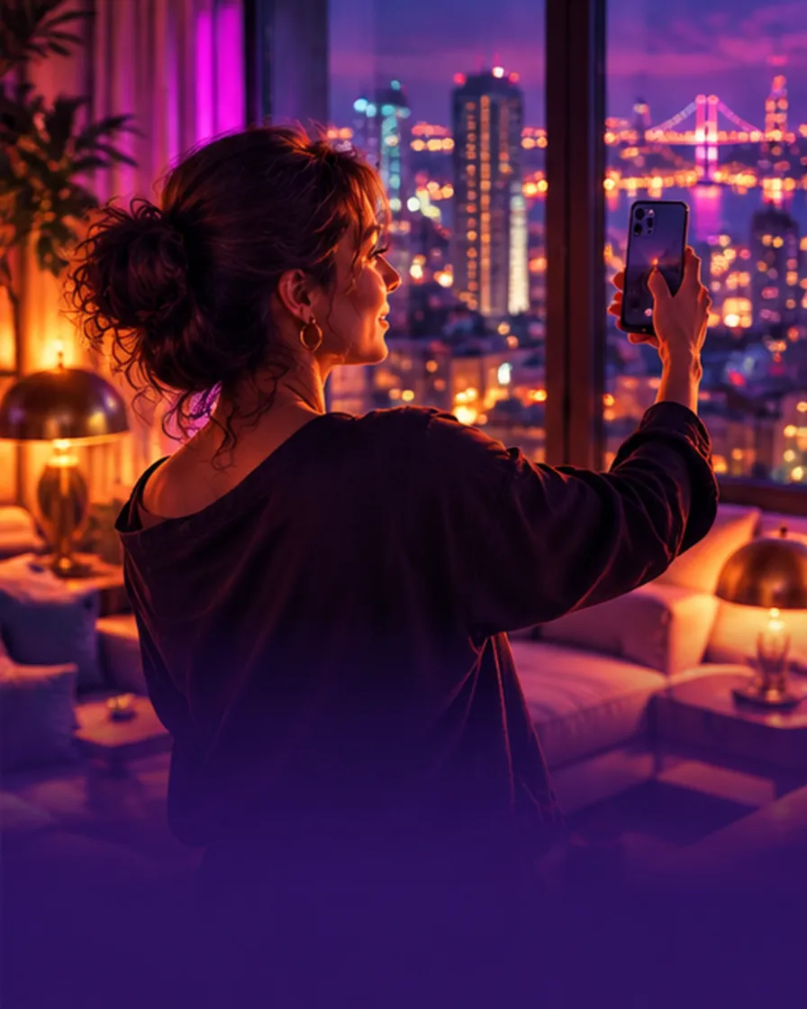 Gece şehir manzaralı bir dairede telefonu havaya kaldırıp etrafına bakan bir kadın