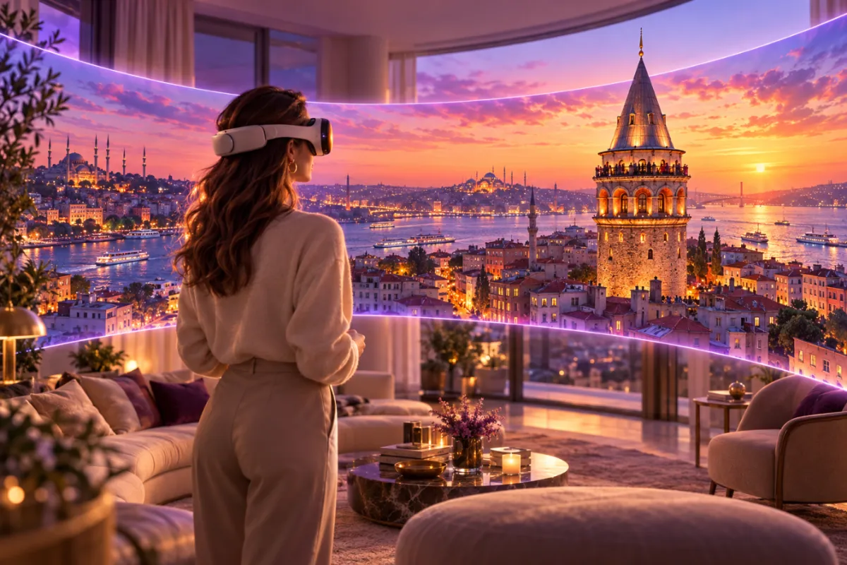 Vision Pro tarzı başlık takmış bir kadın; Galata panoraması salonunda etrafını saran ışıklı bir bant (temsilî görsel)