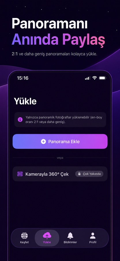 OradaOl yükleme ekranı — kamerayla 360° çekim