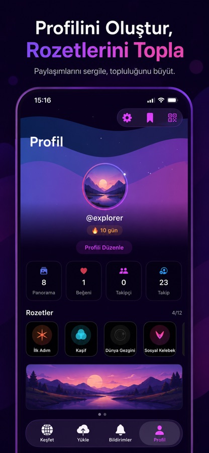 OradaOl profil ekranı — paylaşılan panoramalar ve rozetler
